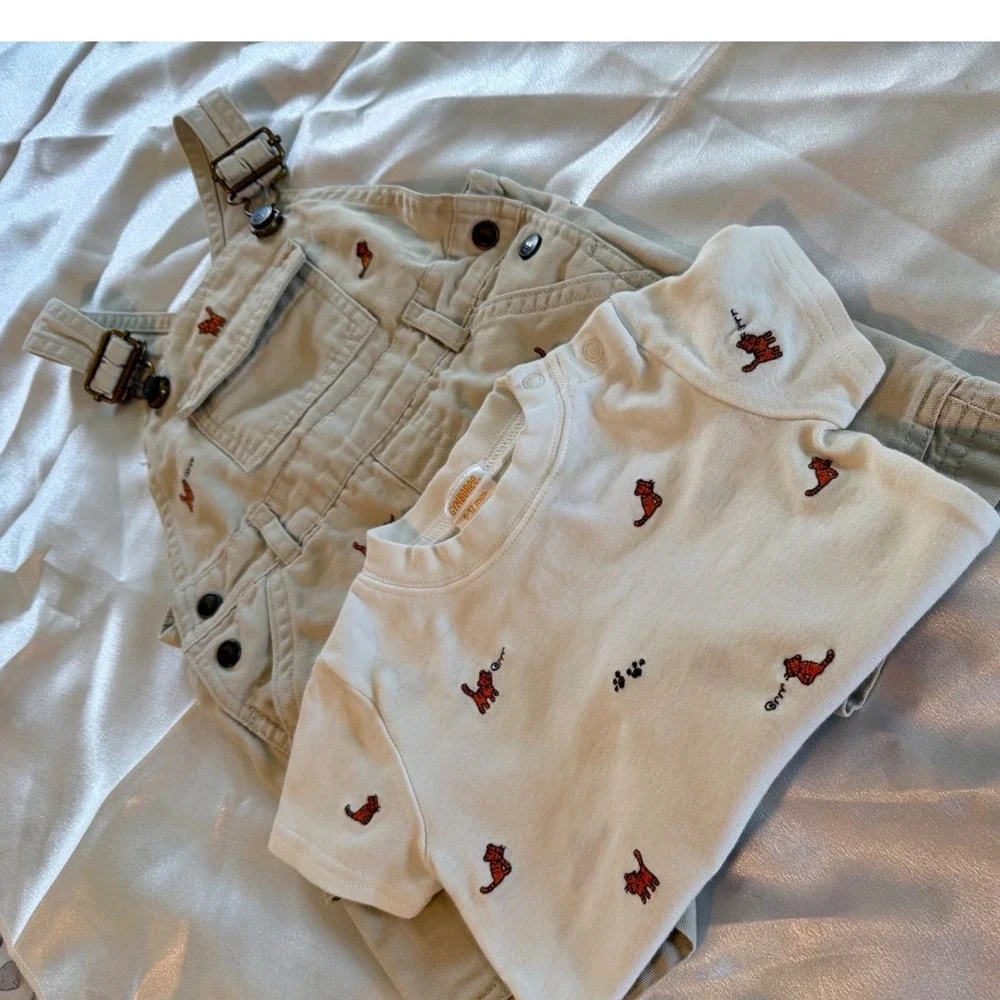 VTG Gymboree Baby Boy 2pc Set Khaki Tiger Embroidered Cargo Overalls Shirt 6-12M